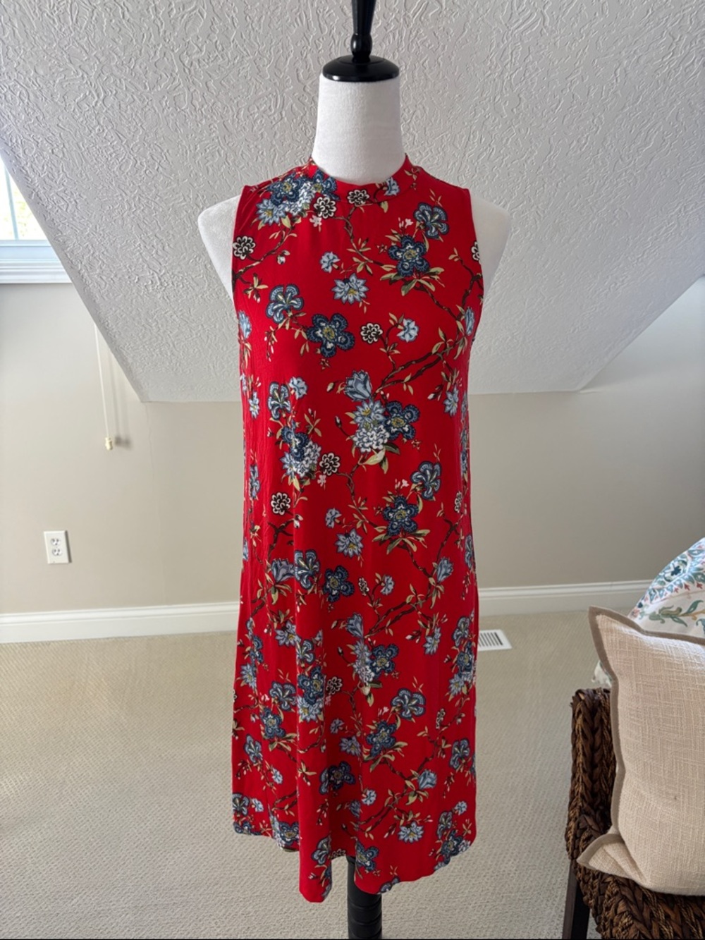 LOFT Red Floral Mini Dress with Blue Accents